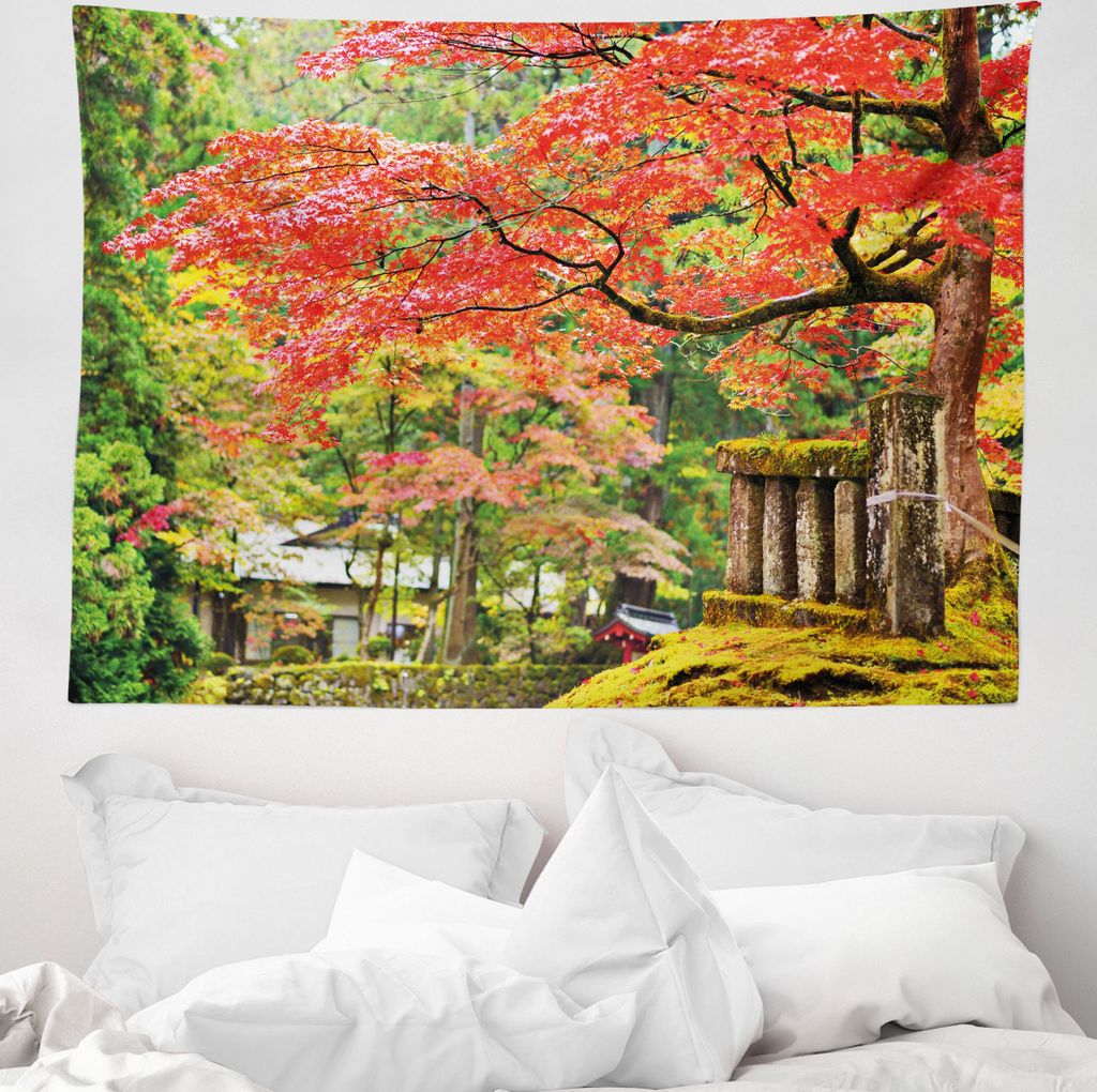 ABAKUHAUS japanisch Wandteppich, Sakura-Blüten aus Weiches Mikrofaser Stoff Waschbar ohne Verblassen Digitaldruck, 150 x 110 cm, Vermilion Grün B...