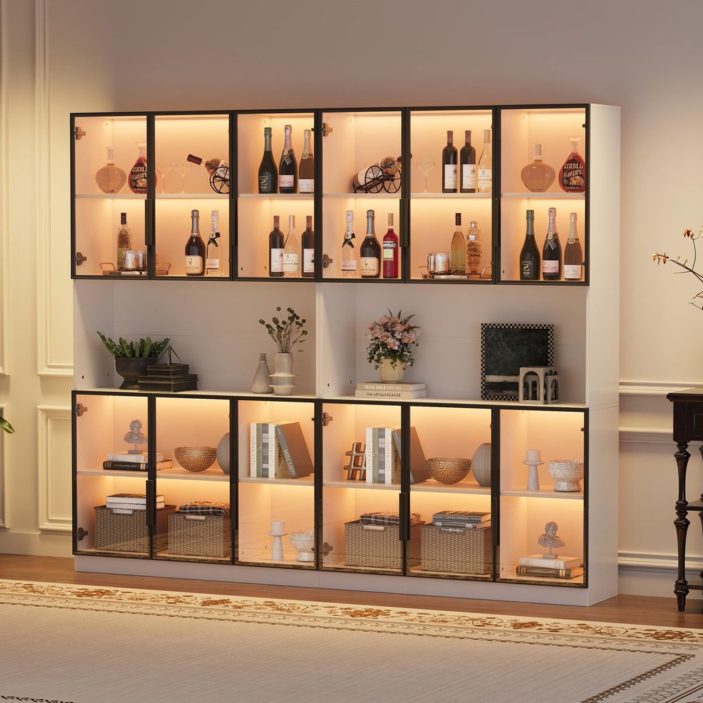 Merax 2er-Set Vitrine Wohnzimmerschrank mit 6 separaten Türen, Hochschrank mit LED-Beleuchtung, Glasvitrine mit Soft-Close-Scharnieren, Weiß