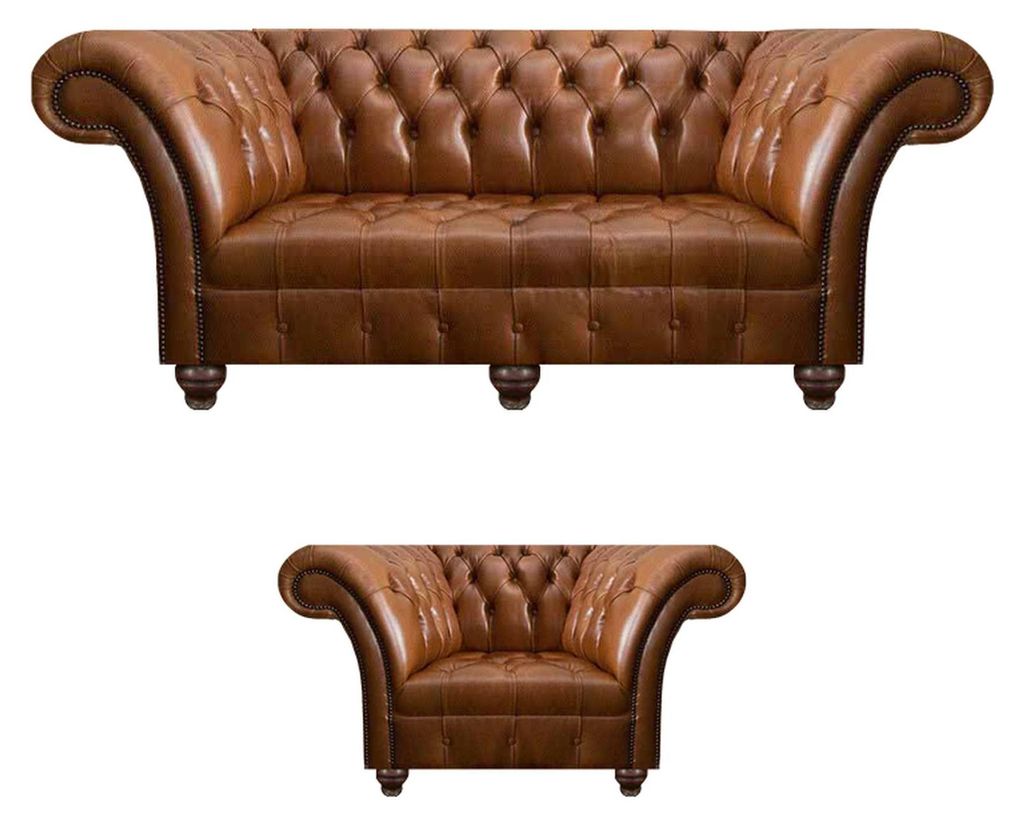 Hellbraune Chesterfield Ledergarnitur Sitzsofa Designer Sessel 2tlg Set