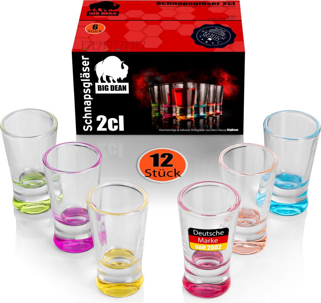 BigDean 12 Stück farbige Schnapsgläser 2cl in Geschenkbox – Produktbild