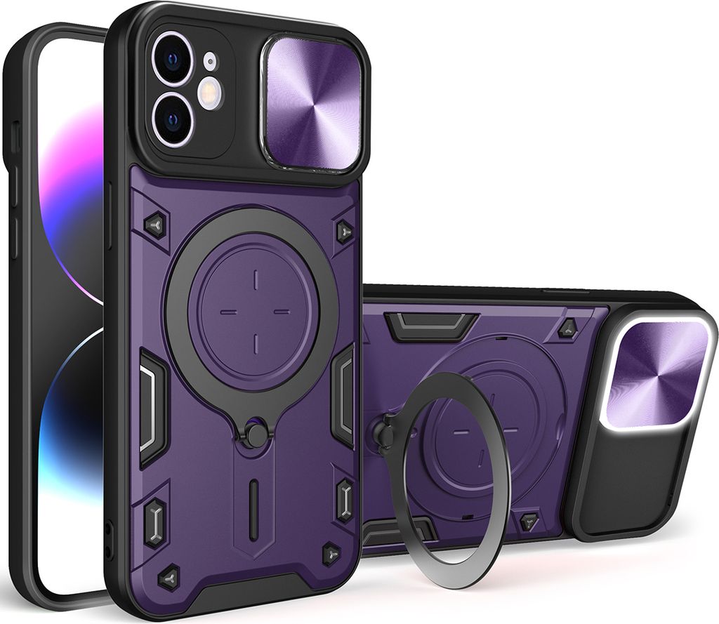 Handyhülle für iPhone 12 Dual-Layer Stoßfest Rüstung Hülle mit Dia Kameraschutz und Kreisförmig Ring Ständer Lila