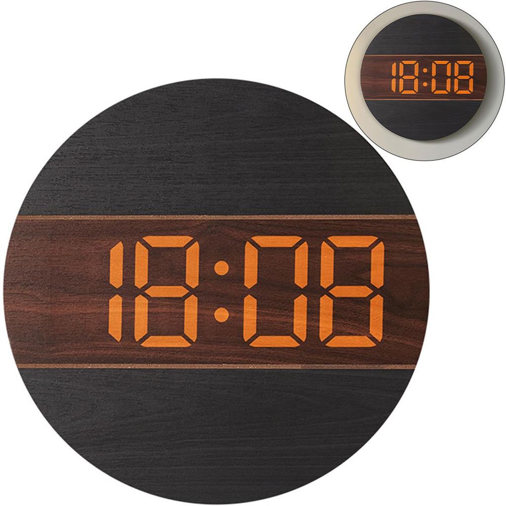 Digitale Holz-Wanduhr mit LED-Anzeige – Groß, rund, 12/24 h, automatisch dimmend, leise, hängend für Zuhause & Büro