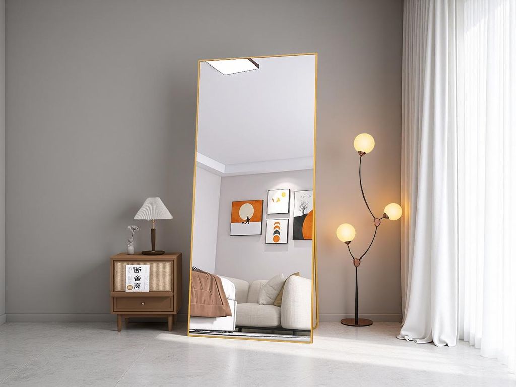 Rechteckiger Kosmetikspiegel aus gehärtetem Glas, goldfarbener Aluminiumrahmen, 1800 x 800 mm, modernes und elegantes Design