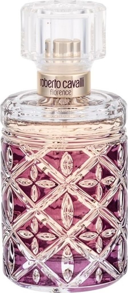 A close-up studio shot of a Roberto Cavalli Florence Eau de Parfum bottle.