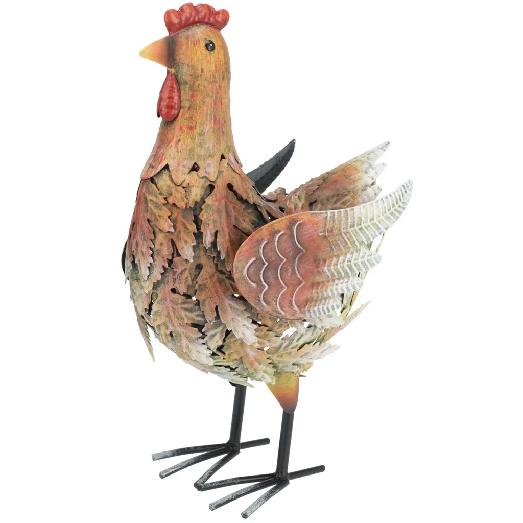 Statue de Jardin Coq en Métal Coloris Brun - Décoration Extérieure 34cm