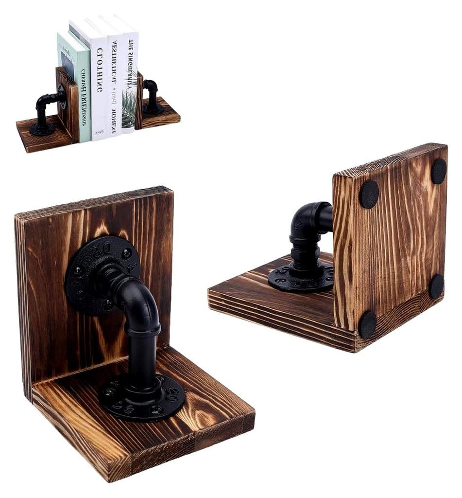 Dekorative Buchstütze, Handgefertigte Robuste Buchstützen im Industriestil mit Rohrdesign, Rustikale rutschfeste und verdickte Holzbuchstützen f...