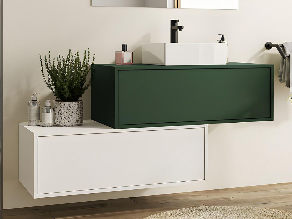 Grüner und weißer wandmontierter Badezimmerschrank mit Waschbecken und zwei Schubladen - 94 cm - TEANA II