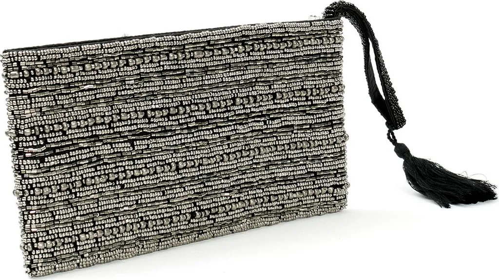 Pochette perles argent et noir 23x12x2cm - Sac de soirée élégant chic