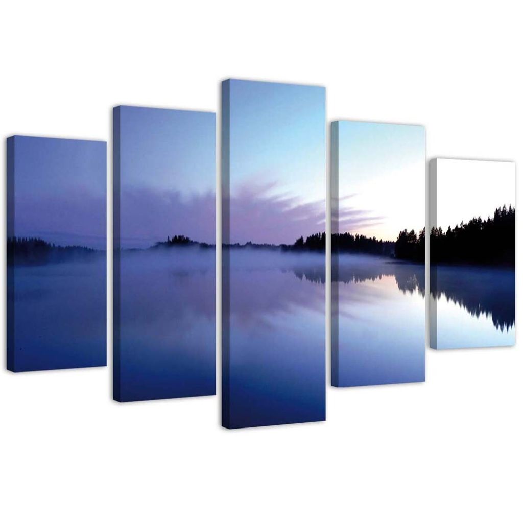 5-teiliges leinwandbild nebel über einem see 150x100 cm Feeby blau wandbild bereit zum aufhängen