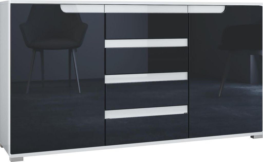 Vladon Sideboard Sylt V1, Kommode mit 2 Türen und 4 Schubladen, Korpus - Weiß matt / Front - Schwarz Hochglanz / Absetzung - Weiß Hochglanz (138...