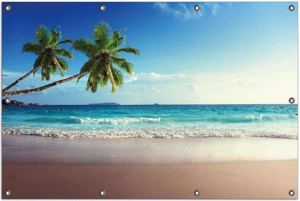Wallario Outdoor-Poster für Garten oder Balkon, Motiv Sandstrand auf den Seychellen - Urlaub unter Palmen, in ca. 100 x 150 cm