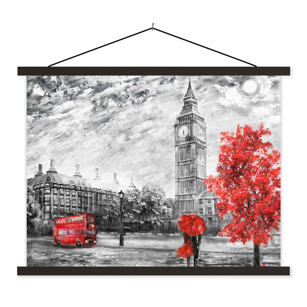MuchoWow Textilposter Gemälde - Big Ben - Rot - Regenschirm 40x30 cm mit schwarzem Rahmen - Dekorationen