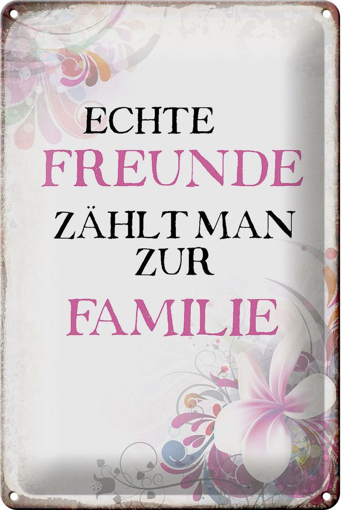 Blechschild echte Freunde zählt zur Familie, 30 x 20 cm, Blechschilder Spruch Glück Weisheit