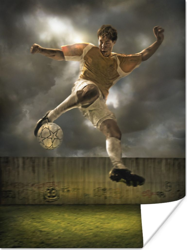 MuchoWow Poster Eine Illustration eines Fußballspielers, der den Ball schießt - Jungen - Kinder 60x80 cm - Schlafzimmer Dekoration