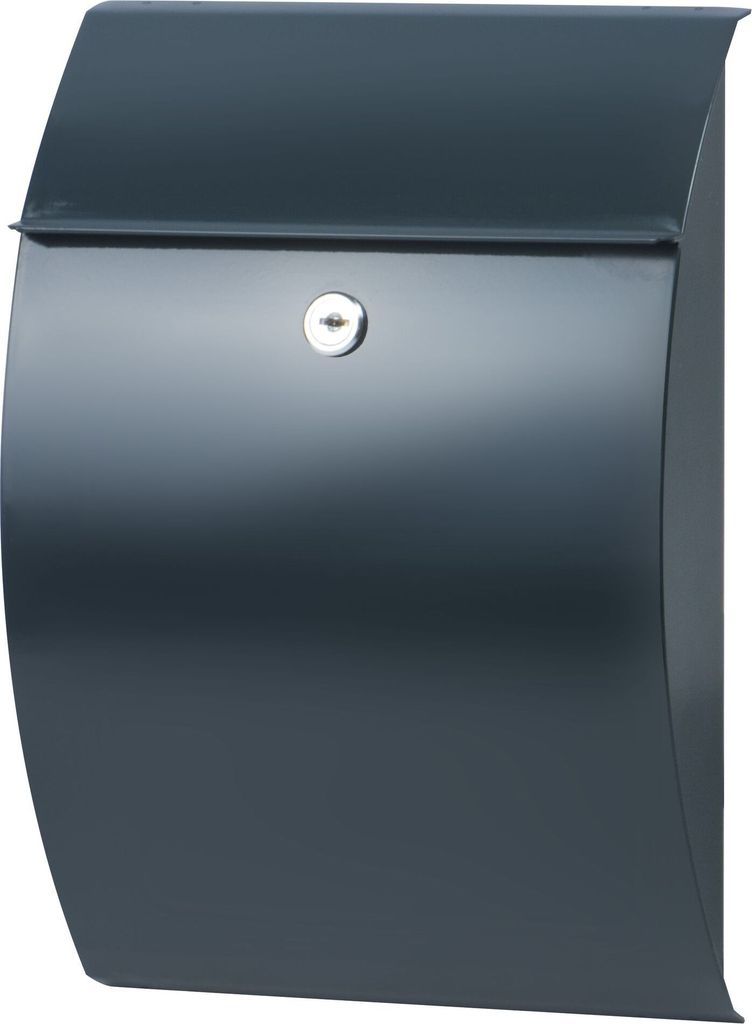 A dark gray mailbox is shown against a light gray background.