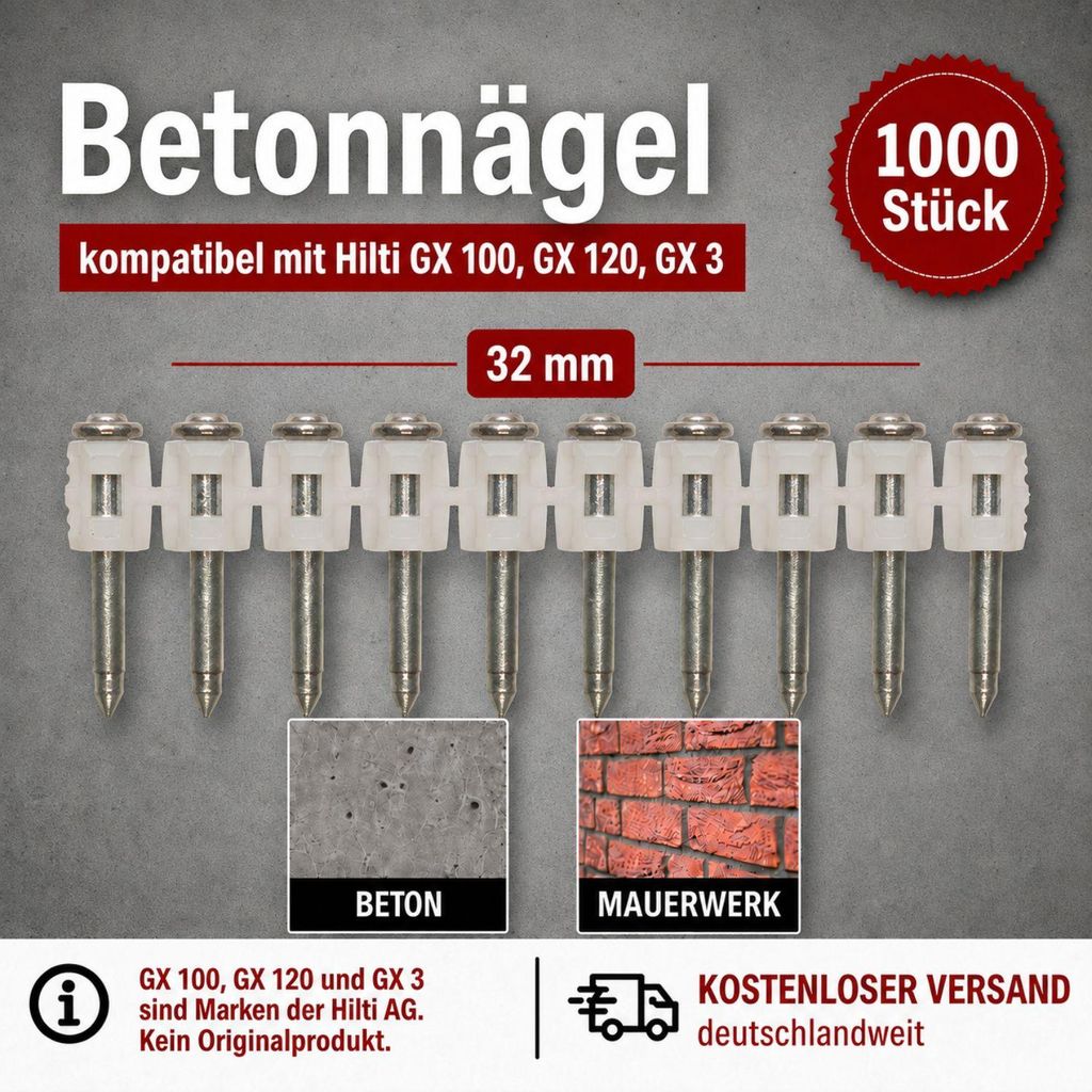 Hřebíky do betonu 32 mm 1000 kusů vhodné pro plynové Obrázek produktu 