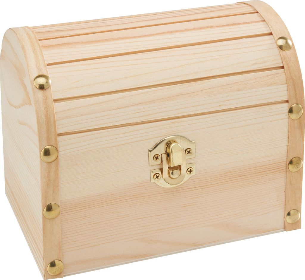 A light brown wooden treasure chest with a gold latch is shown from a slightly elevated side angle against a white background.