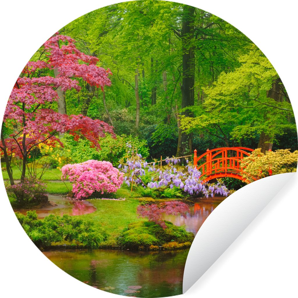 MuchoWow Runde Wandtattoo - Wandsticker Tapete Aufkleber Brücke - Japanisch - Botanisch - Bäume - Blumen Ø 30 cm Selbstklebend und Repositioni...