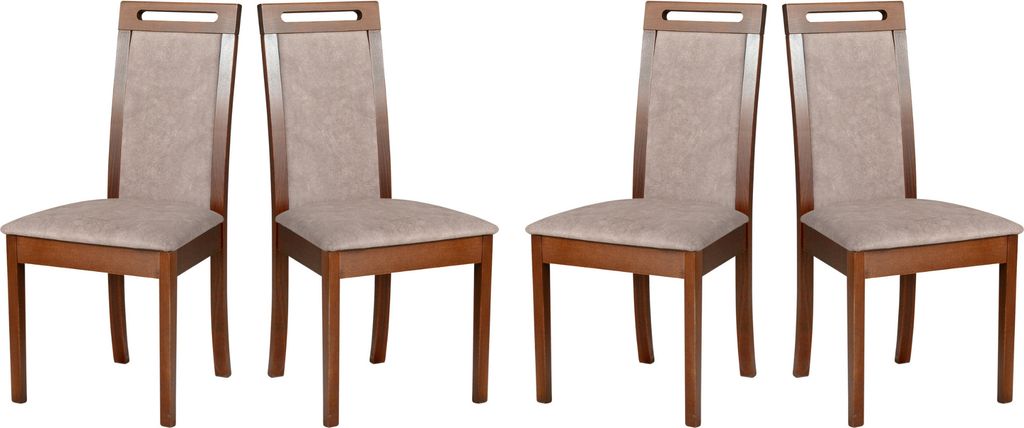Four dining chairs arranged side-by-side against a white background.
