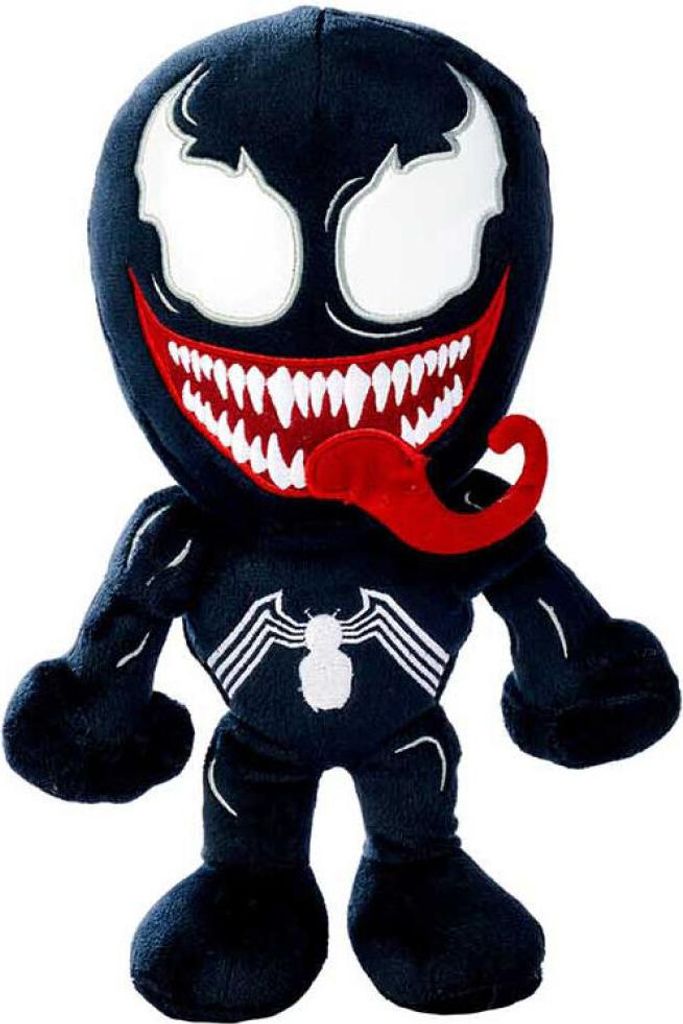 A plush toy of the Marvel character Venom is shown against a white background.