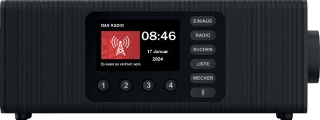 A black digital radio with a screen displaying the time and date, and several buttons on the right side.