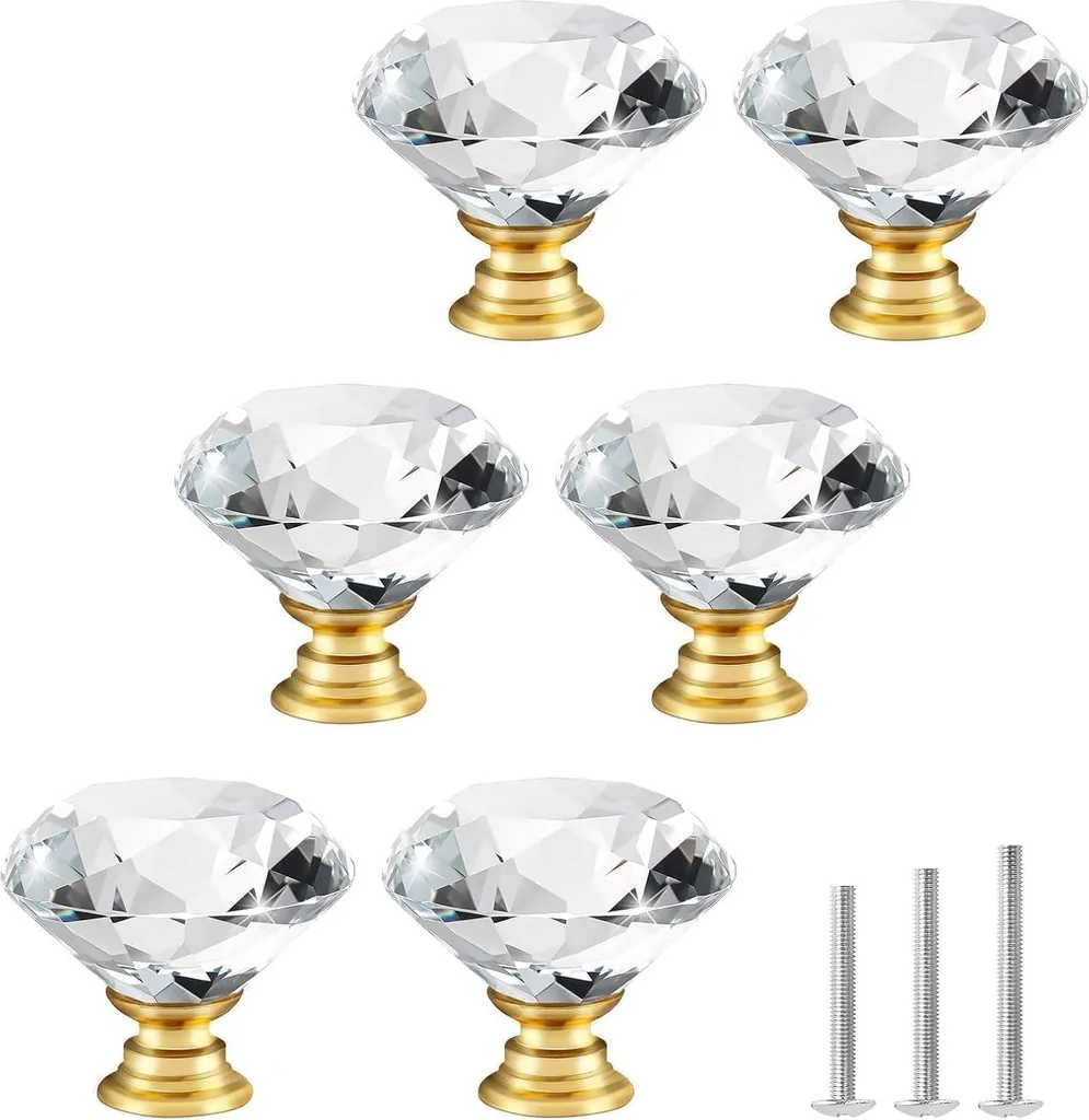 Lot de 6 boutons carrés en cristal 30 mm avec base dorée élégante