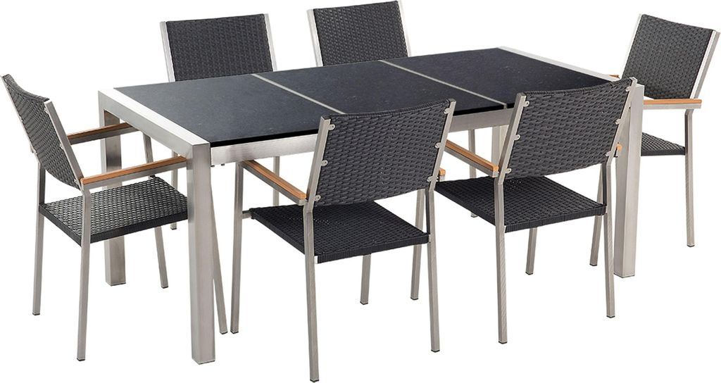 BELIANI Gartenmöbel Set Schwarz Granit Edelstahl Tisch 180 cm Poliert 6 Rattanstühle Terrasse Outdoor Modern