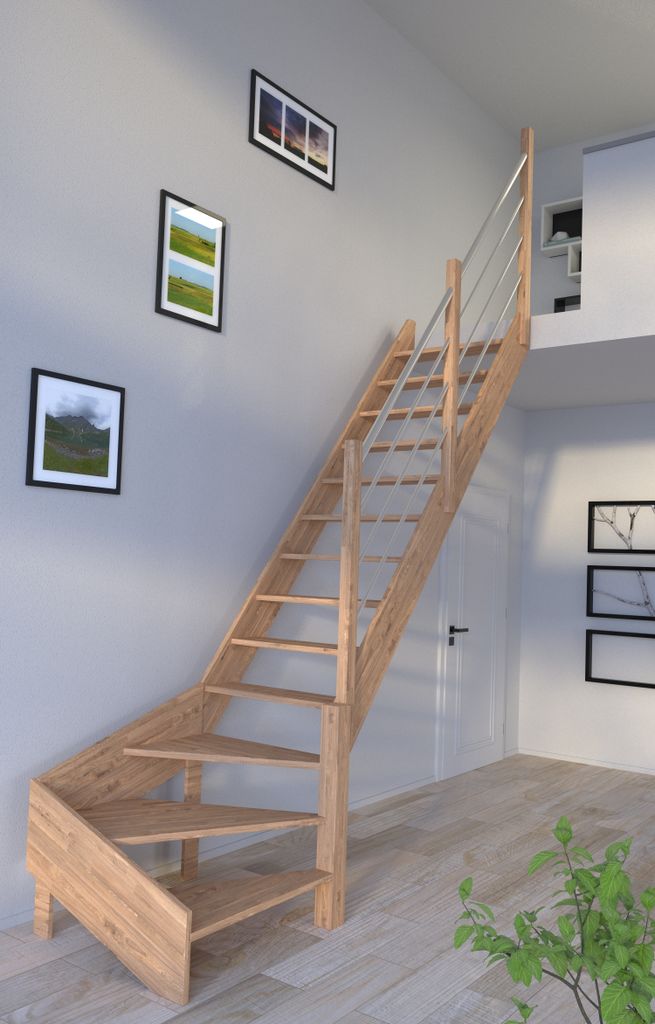 Holztreppe Rhodos in 1/4 gewendelter Ausführung rechts-Eiche-Holz-Edelstahl Geländer-rechts-ohne Setzstufen