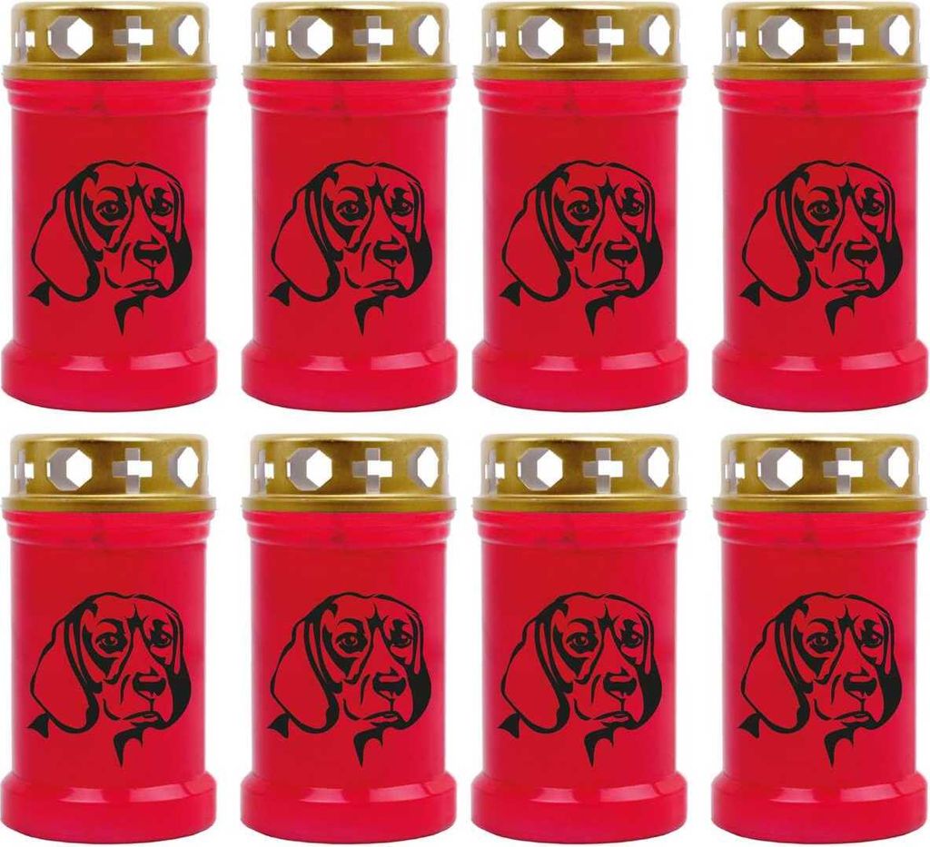 Grabkerze Rot 8er Pack, Brenndauer: 40 Stunden ( je Kerze ), Motiv: Dackel