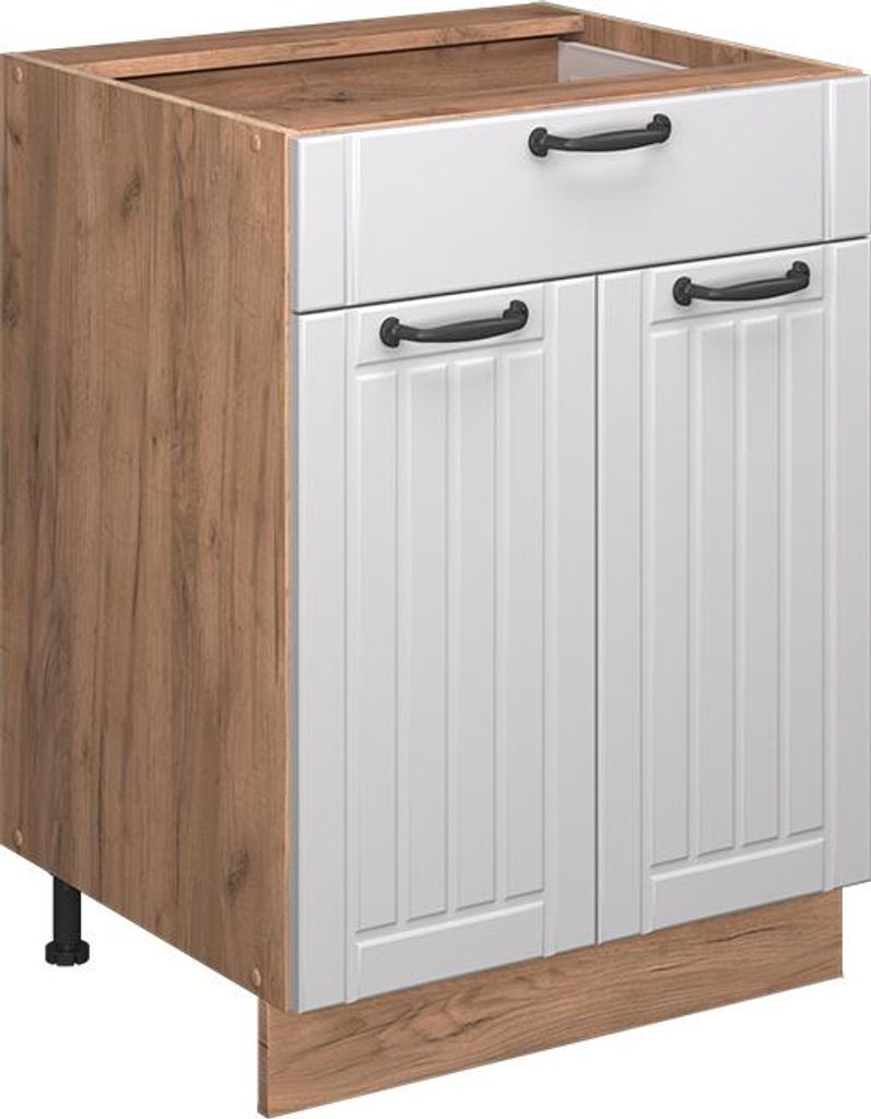 Vicco Küchenunterschrank Fame-Line, 60 cm mit Schublade, ohne Arbeitsplatte, Weiß Landhaus/Goldkraft Eiche