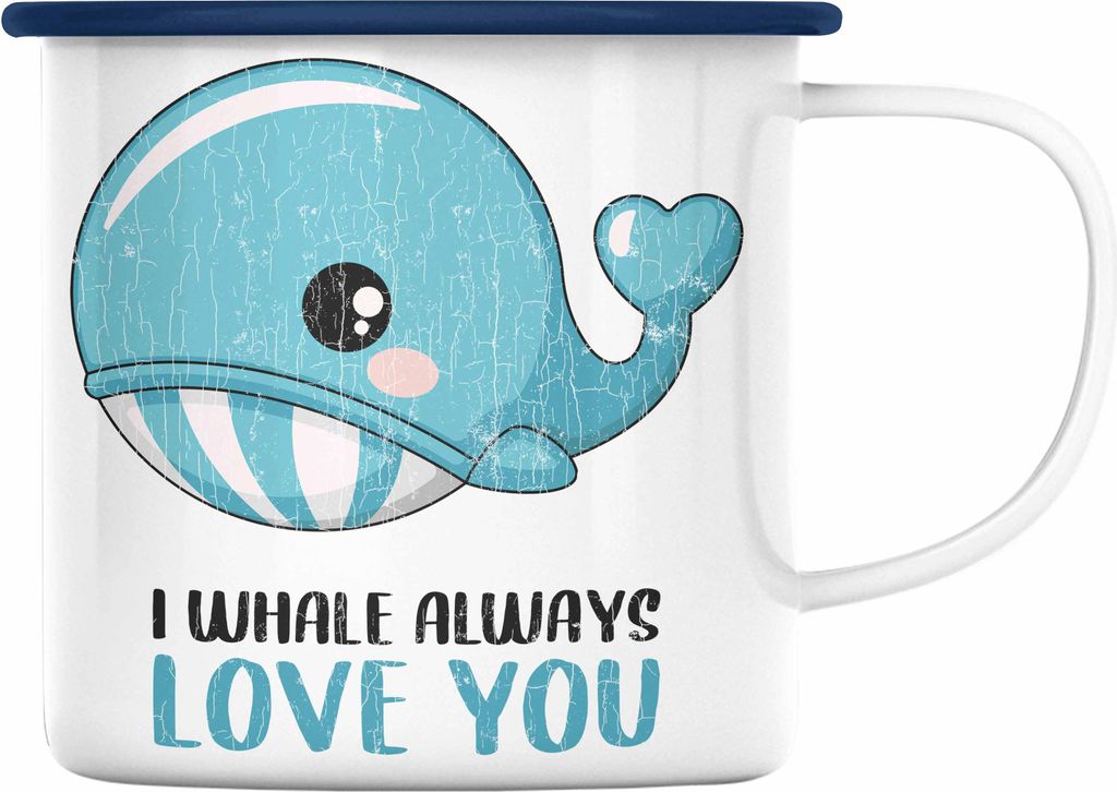 Trendation - Valentinstag Emaille Tasse Geschenk für Ihn Sie Lustig Wale Grafik Geschenkidee Becher Wortspiel Freund Freundin Liebe Paare (Blau)