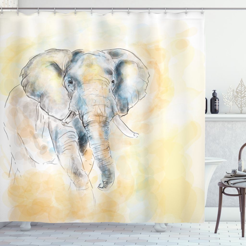 ABAKUHAUS Elefant Duschvorhang, Exotische Wildlife Safari, Waserdichter Stoff mit 12 Haken Set Dekorativer Farbfest Bakterie Resistet, 175 x 220 cm...