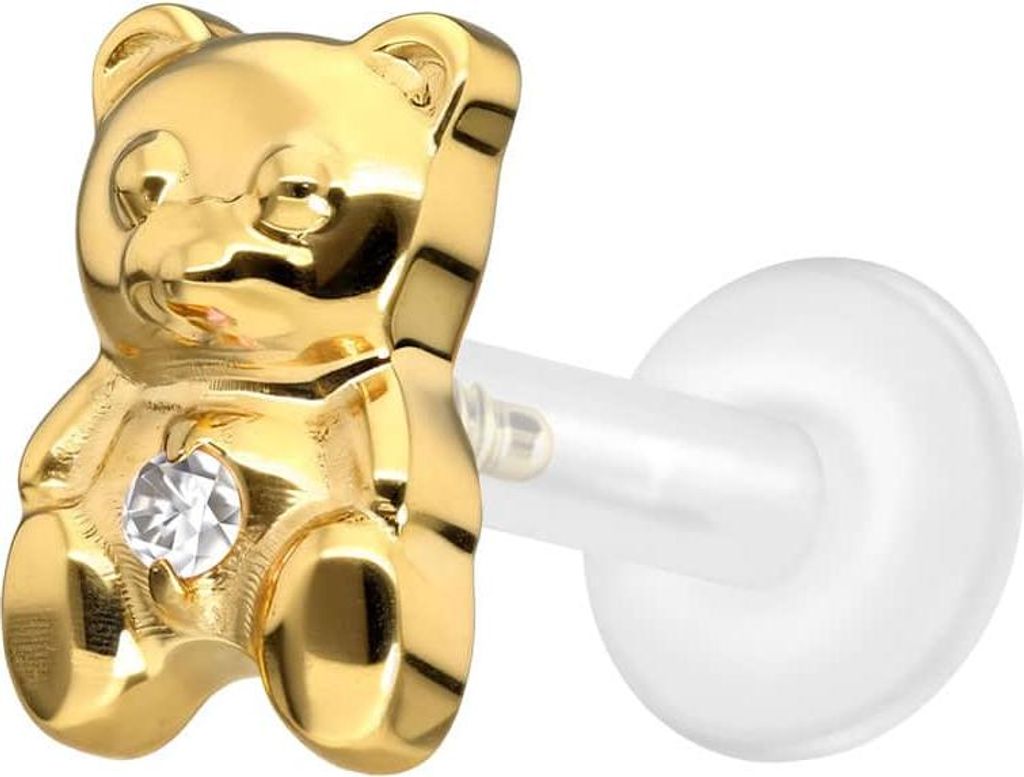 Ohrpiercing, Nasenpiercing PTFE Labret mit Innengewinde + Titan-Aufsatz TEDDYBÄR Gold Stablänge: 7mm | Stabstärke: 1,6mm