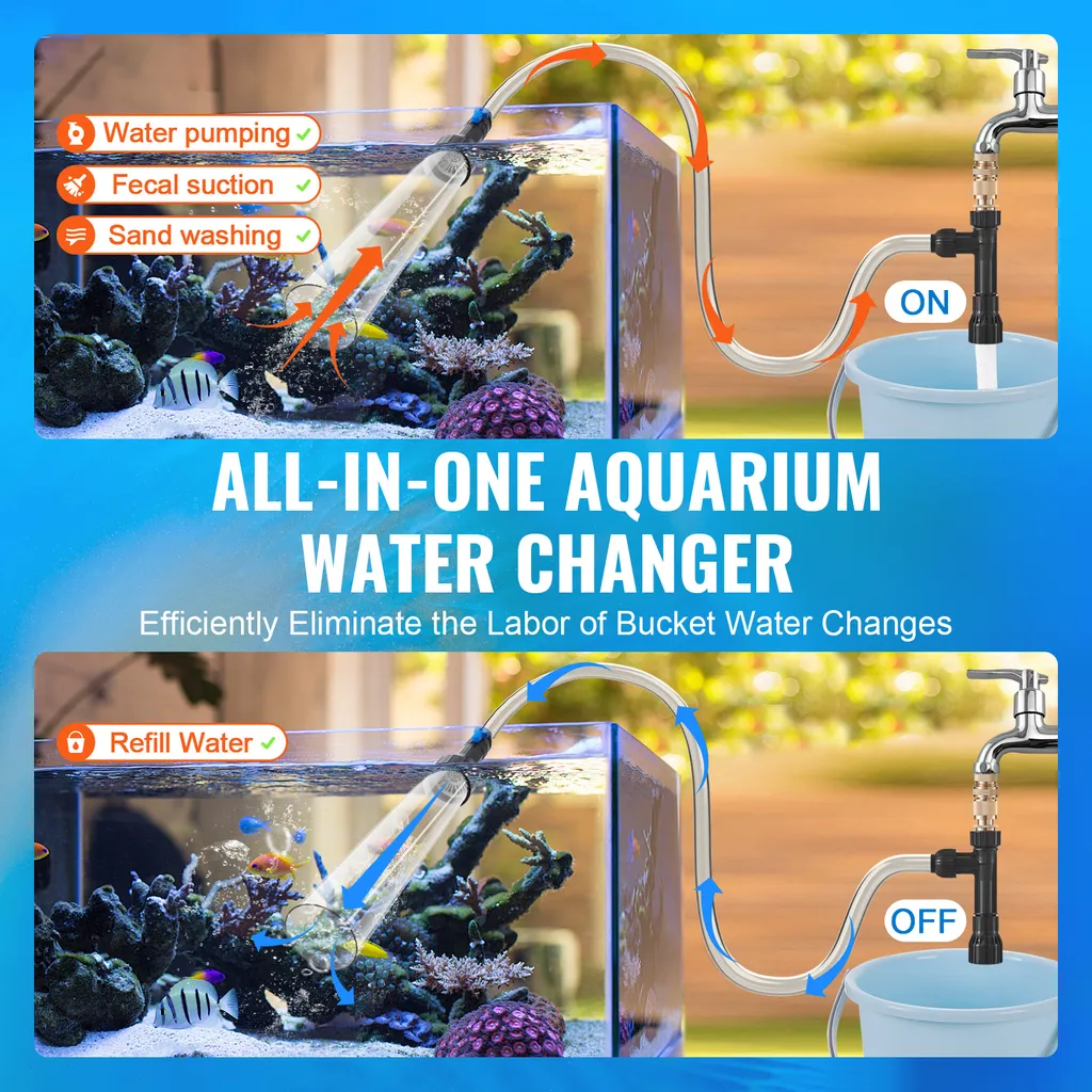 SucceBuy aspirapolvere per acquari, pulitore per ghiaia, tubo in PVC da 25 piedi, aspirapolvere per acquari, pulitore a sifone con 3 adattatori in ottone per la pulizia di ghiaia e sabbia nell'acquario, senza bisogno di elettricità - 2