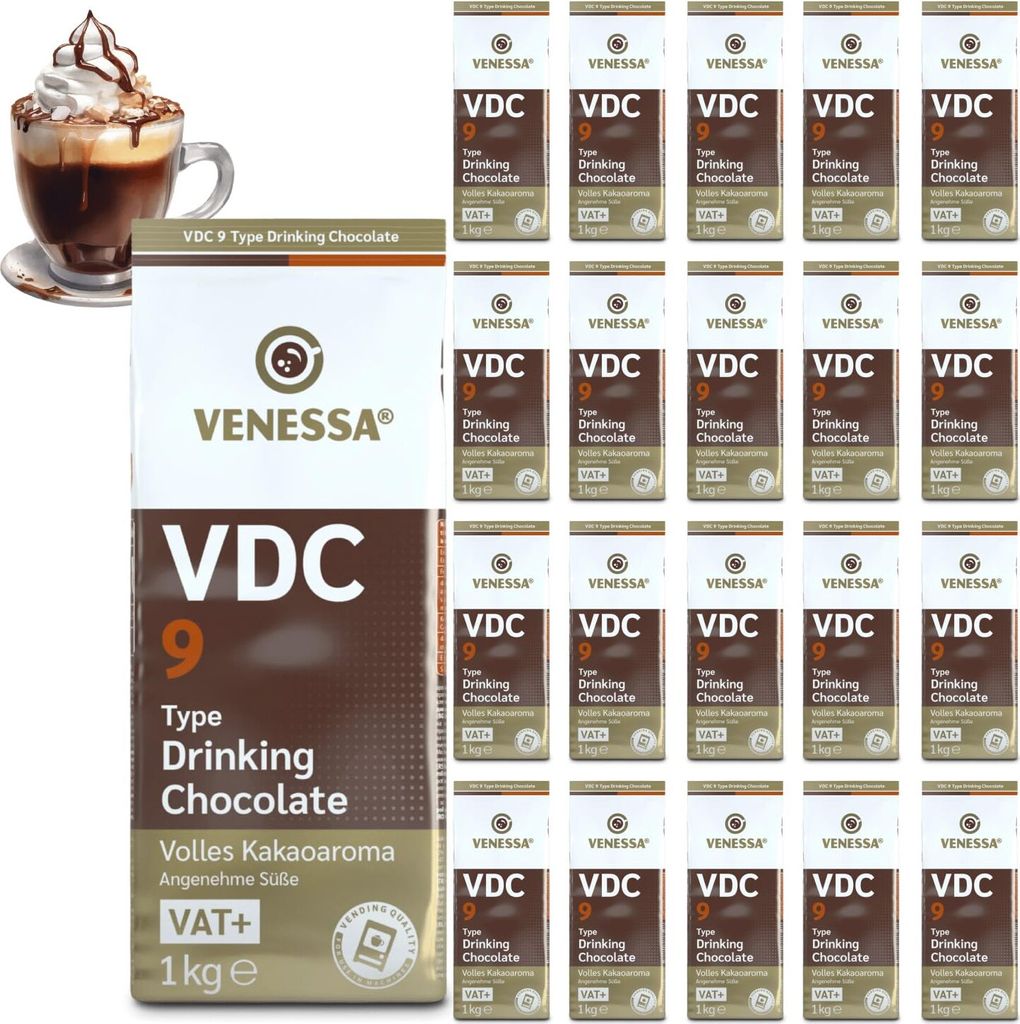 VENESSA VDC 9 Kakaopulver 20 x 1kg Vorteilspack - Trinkschokolade mit 9% Premium Kakao und Milchanteil - Leckere lösliche heiße Schokolade für A...