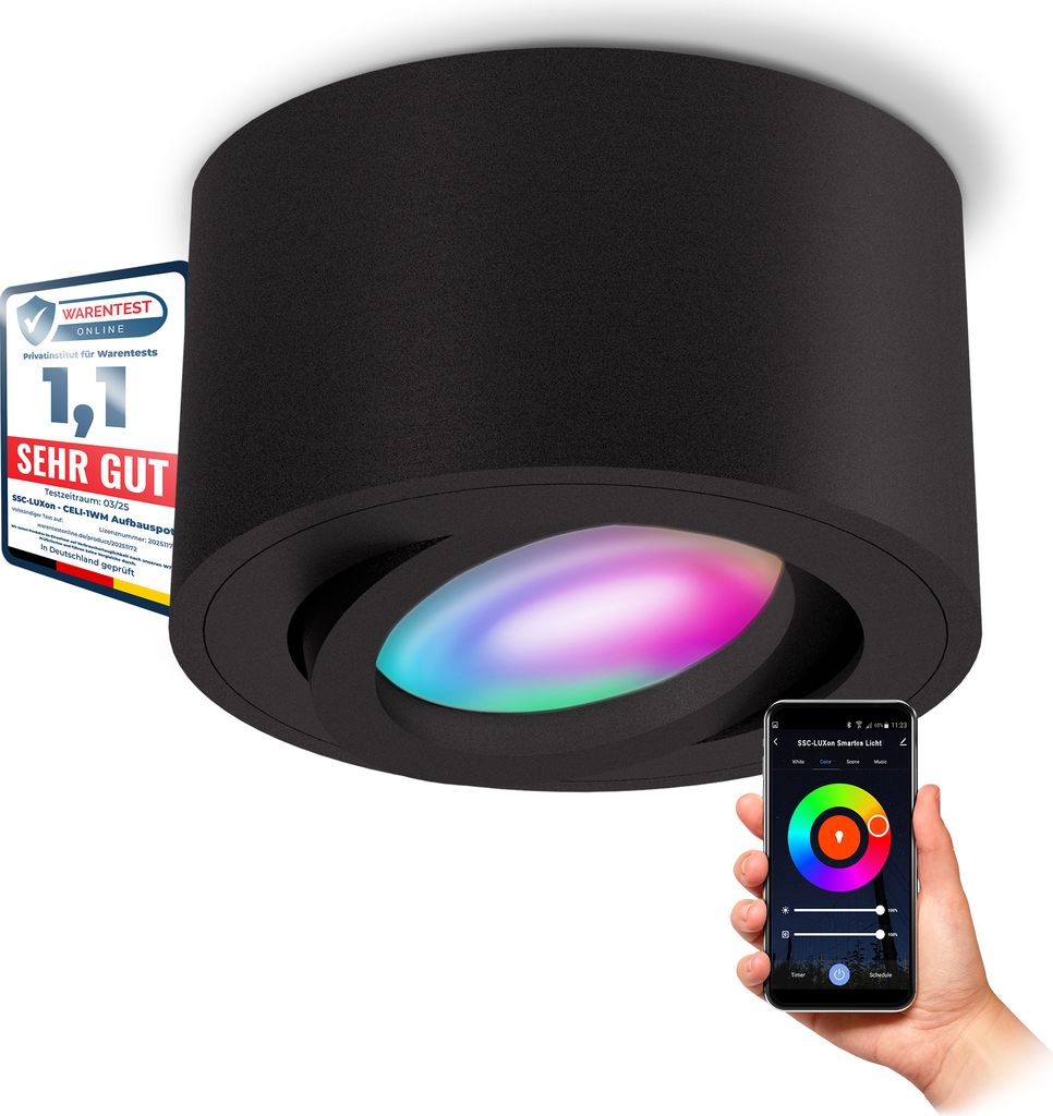 SSC-LUXon CELI-1BM Aufbauspot schwarz schwenkbar flach mit WLAN Smart RGB CCT LED Lampe - Deckenspot kompatibel mit Alexa, Siri & Google