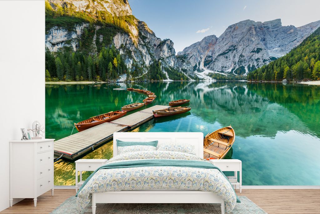 MuchoWow Fototapete für Wohnzimmer oder Schlafzimmer Wandtapete Vinyl Motivtapete Alpen - See - Boot - 420x280 cm - Zimmer für Kinder