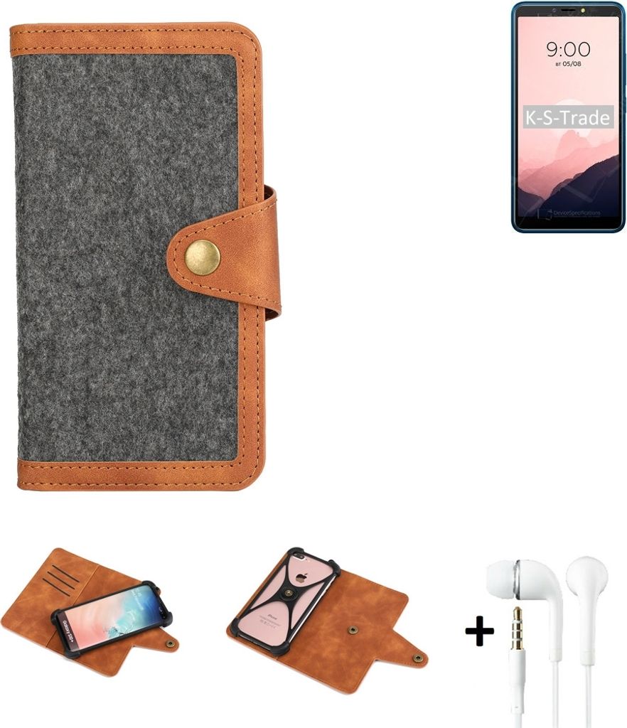K-S-Trade Handyhülle + Kopfhörer kompatibel mit BQ Mobile BQ-6030G Practic Schutzhülle Filzhülle Kunstleder dunkelgrau braun (1x)