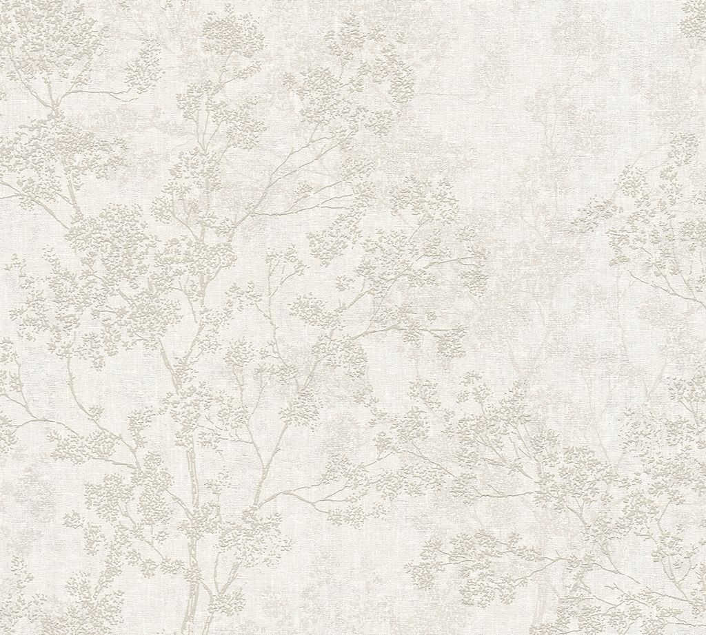 A close-up view of a textured wallpaper with a subtle floral branch pattern.