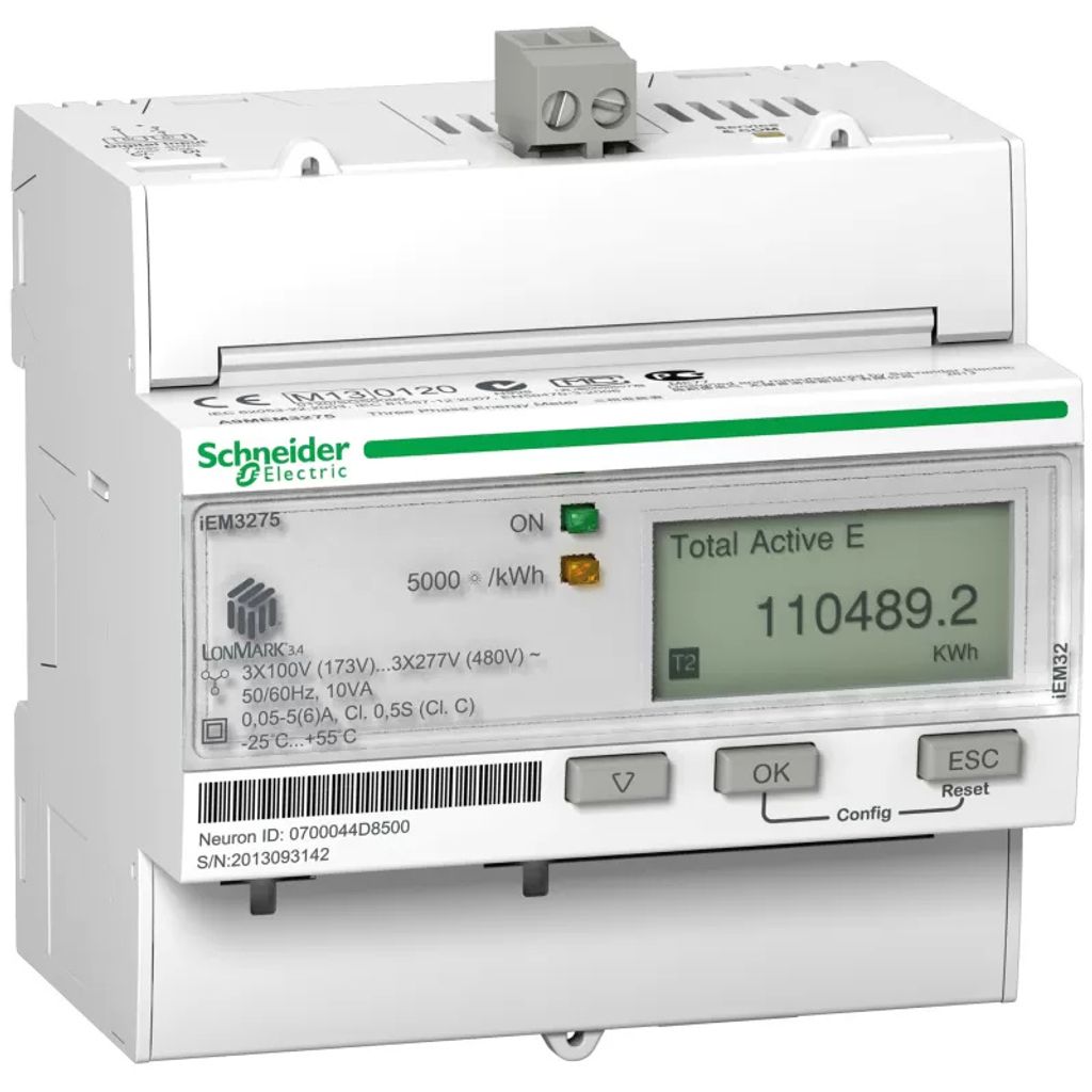 Schneider Electric Energiezähler iEM3275, 3-phasig, 1A/5A, erweiterte Messfunktion, LON, 1E, MID konform, Genauigkeitsklasse 1/0,5s A9MEM3275