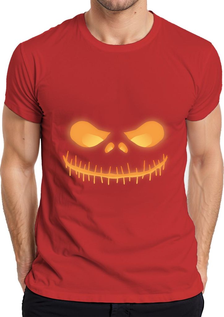 Halloween Grinsender Totenkopf Leuchtend Neon Gelb Horror Glühend Herren T-Shirt, Rot, L