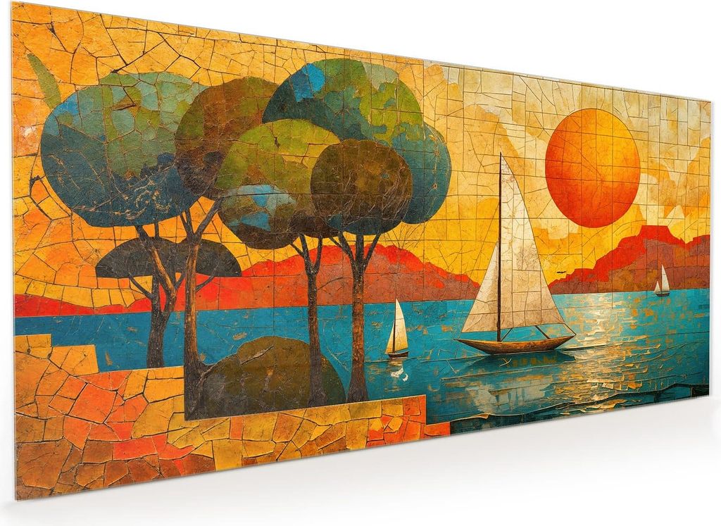 Küchenrückwand Spritzschutz Glas mit Motiv Segelboot im Sonnenuntergang 40 x 40 cm