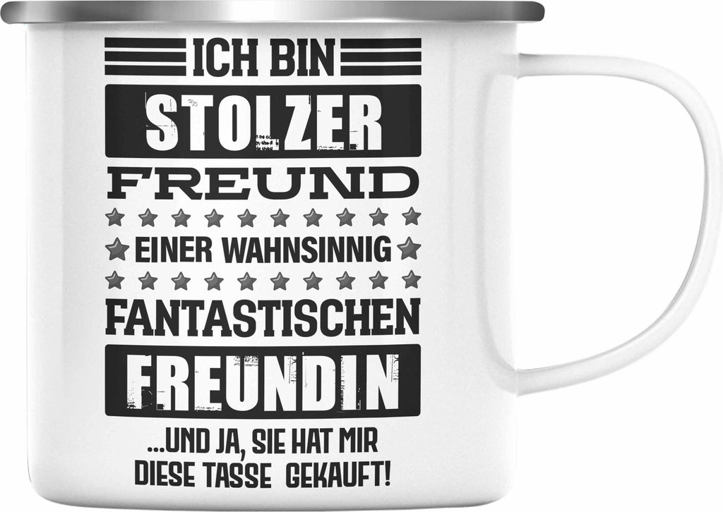 Trendation - Geschenk für Freund von Freundin Emaille Tasse Lustig Geburtstag Weihnachten Lustig Stolzer Freund (Silber)