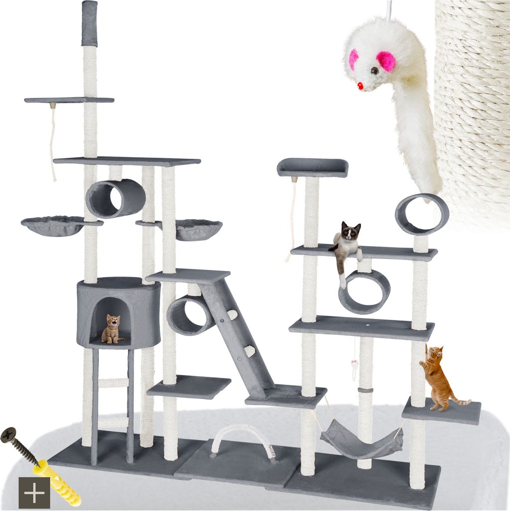 A multi-level cat tree with various platforms, perches, tunnels, and toys, featuring two cats interacting with the structure.