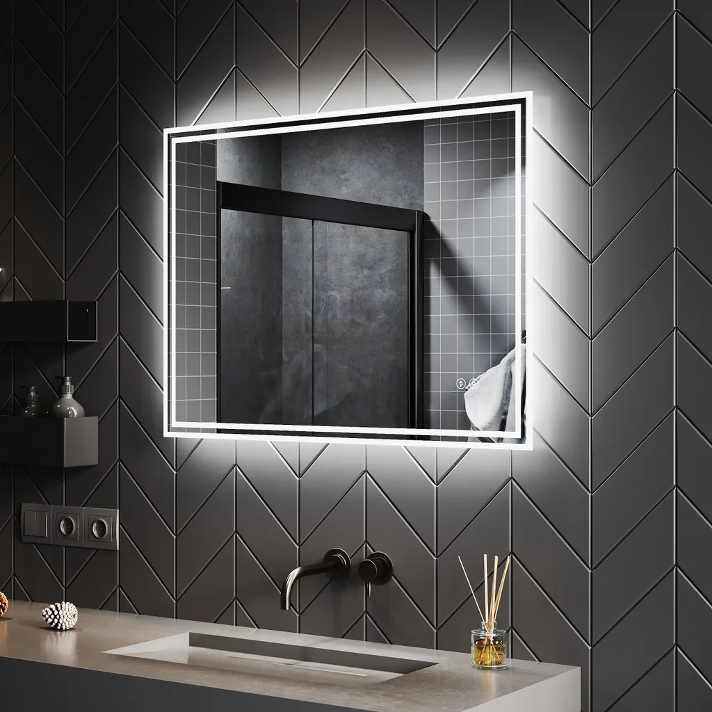 SONNI Specchio da bagno con interruttore tattile a LED Temperatura di colore della luce positiva bianca 60 x 80 cm Specchio da parete antiappannamento Con funzione Bluetooth Entrambi i lati Ar
