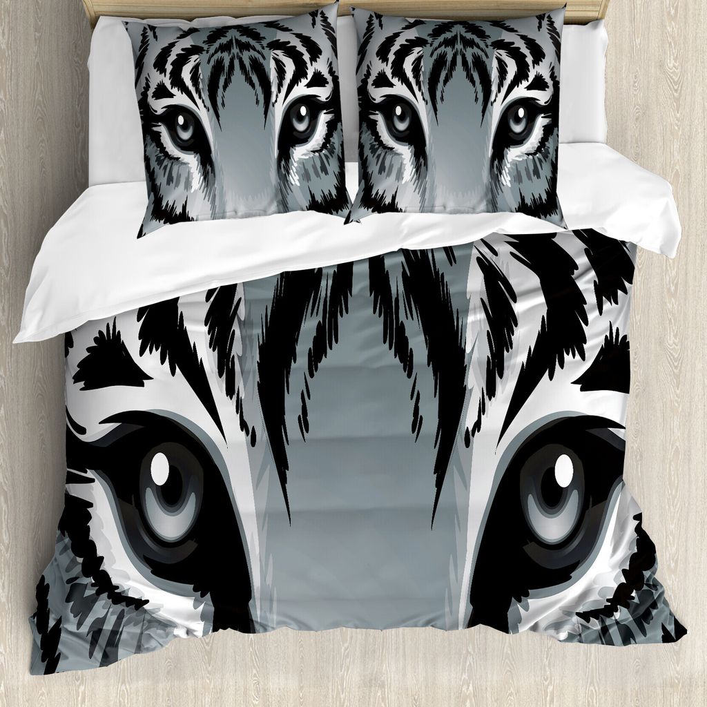 ABAKUHAUS Auge Bettbezug, Tiger Sharp mustert Tier, Milbensicher Allergiker geeignet mit Kissenbezügen, 200 cm x 200 cm - 80 x 80 cm, Grau Schwarz...