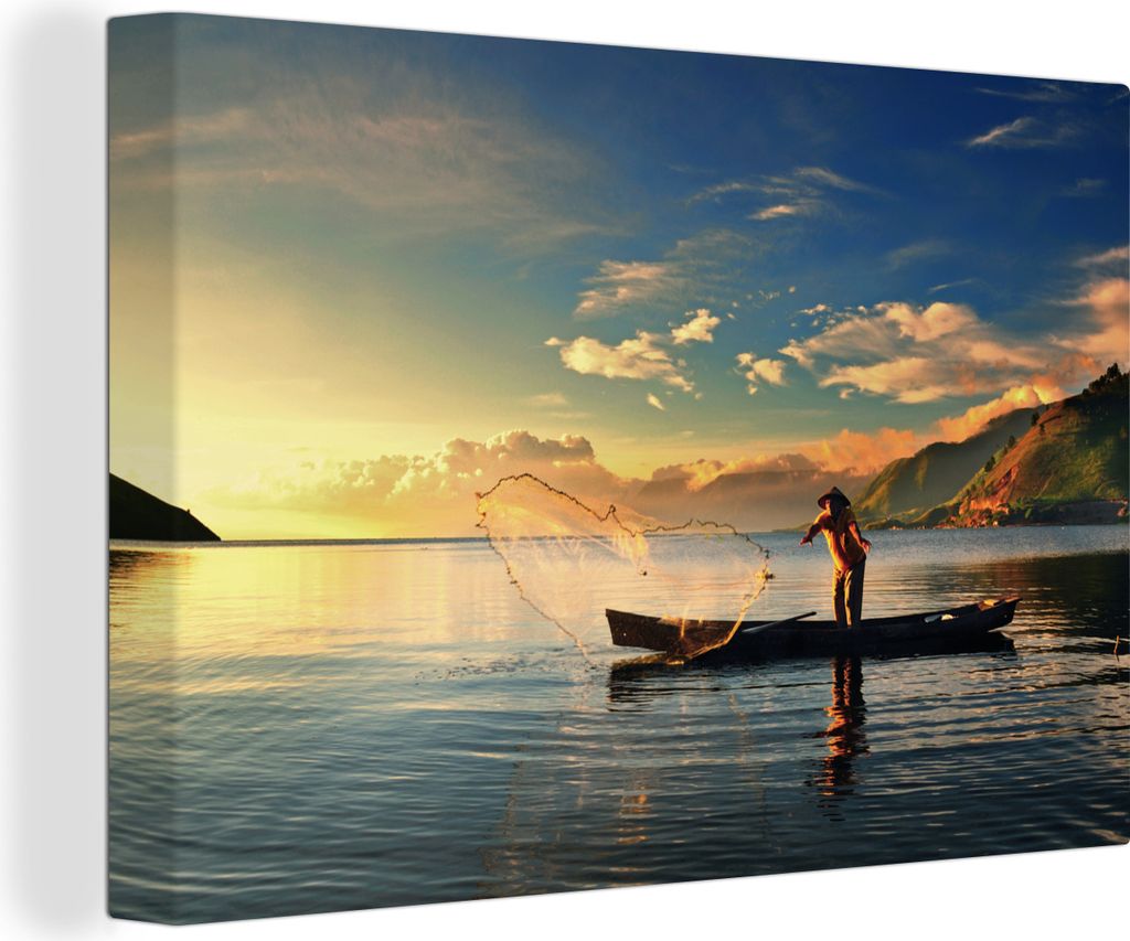 OneMillionCanvasses - Leinwandbilder - 140x90 cm, Ein Mann fischt mit einem Netz in Indonesien, Wandbilder Kunstdruck Wanddekoration