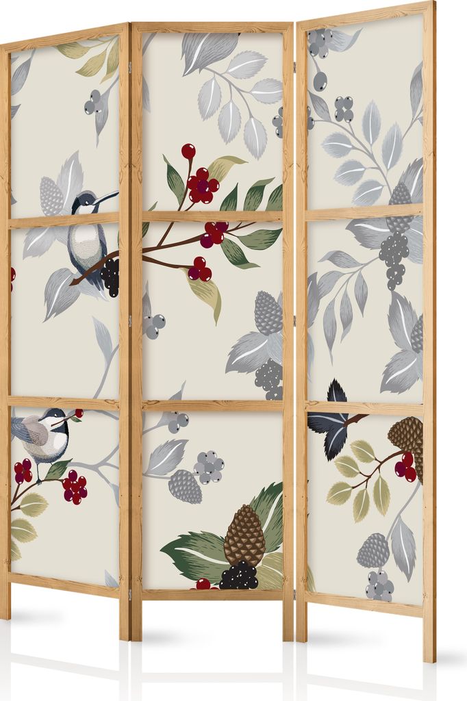Paravent Blumen Blätter Vögel Natur Garten 135x171 cm - 3-teilig - einseitig - eleganter Sichtschutz - Raumteiler - Trennwand - Raumtrenner - Hol...