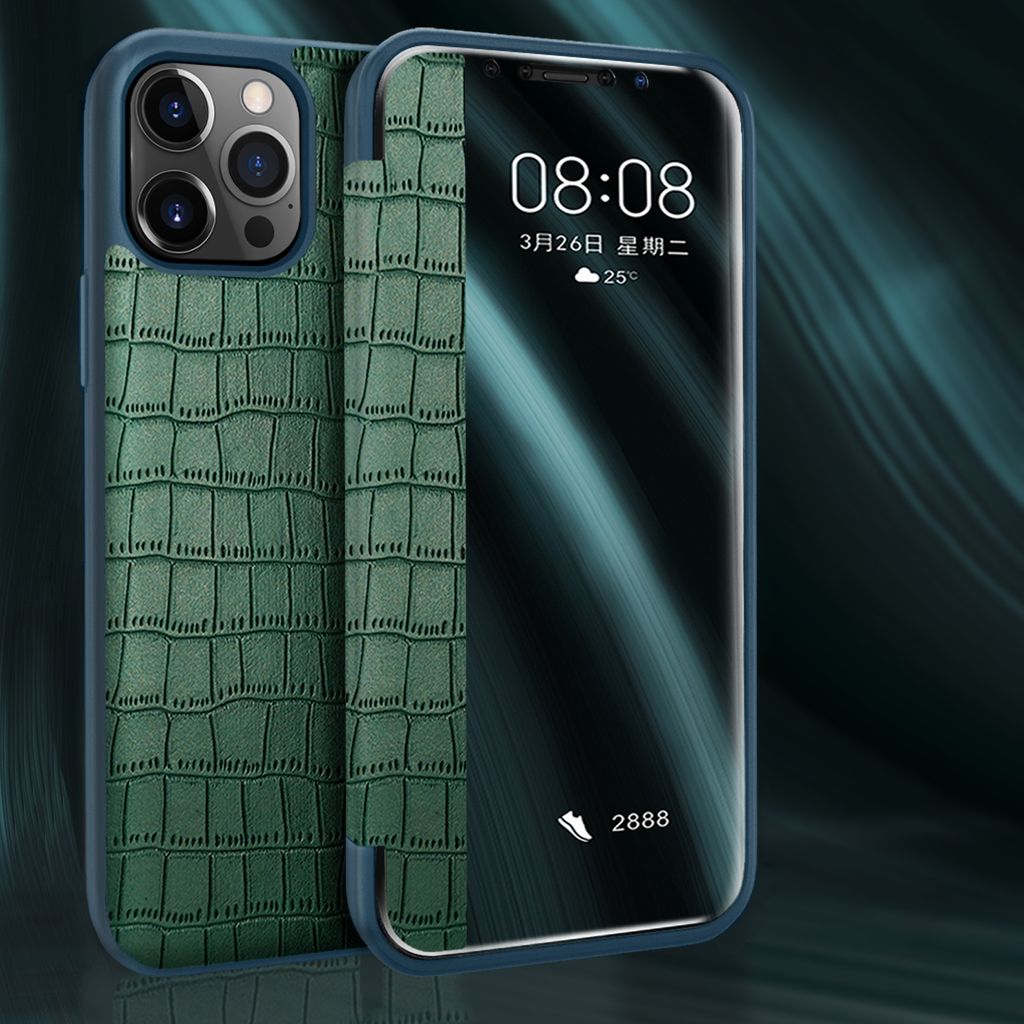Für Apple iPhone 12 / 12 Pro 6.1 Handy Tasche Grün Krokodil Design Hülle Etuis