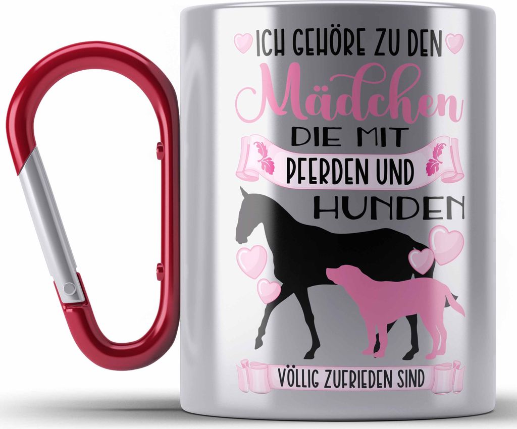 Trendation - Pferd Hund Edelstahl Tasse Karabiner Geschenk Mädchen Reiterin Geschenkidee Rosa Karabiner Edelstahl Tasse Karabiner Edelstahl Reiten...